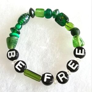 Handmade "Be Free" bracelet beaded glass green word inspirational jewelry